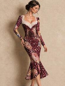 ELYRADIA Sexy Floral & Polka Dot Print Fitted Midi Dress For Women, Summer Lace Trim Flutter Sleeves, Ruched Front, Flared Hem, Flowy Vintage Party Dress - Burgundy - View 1