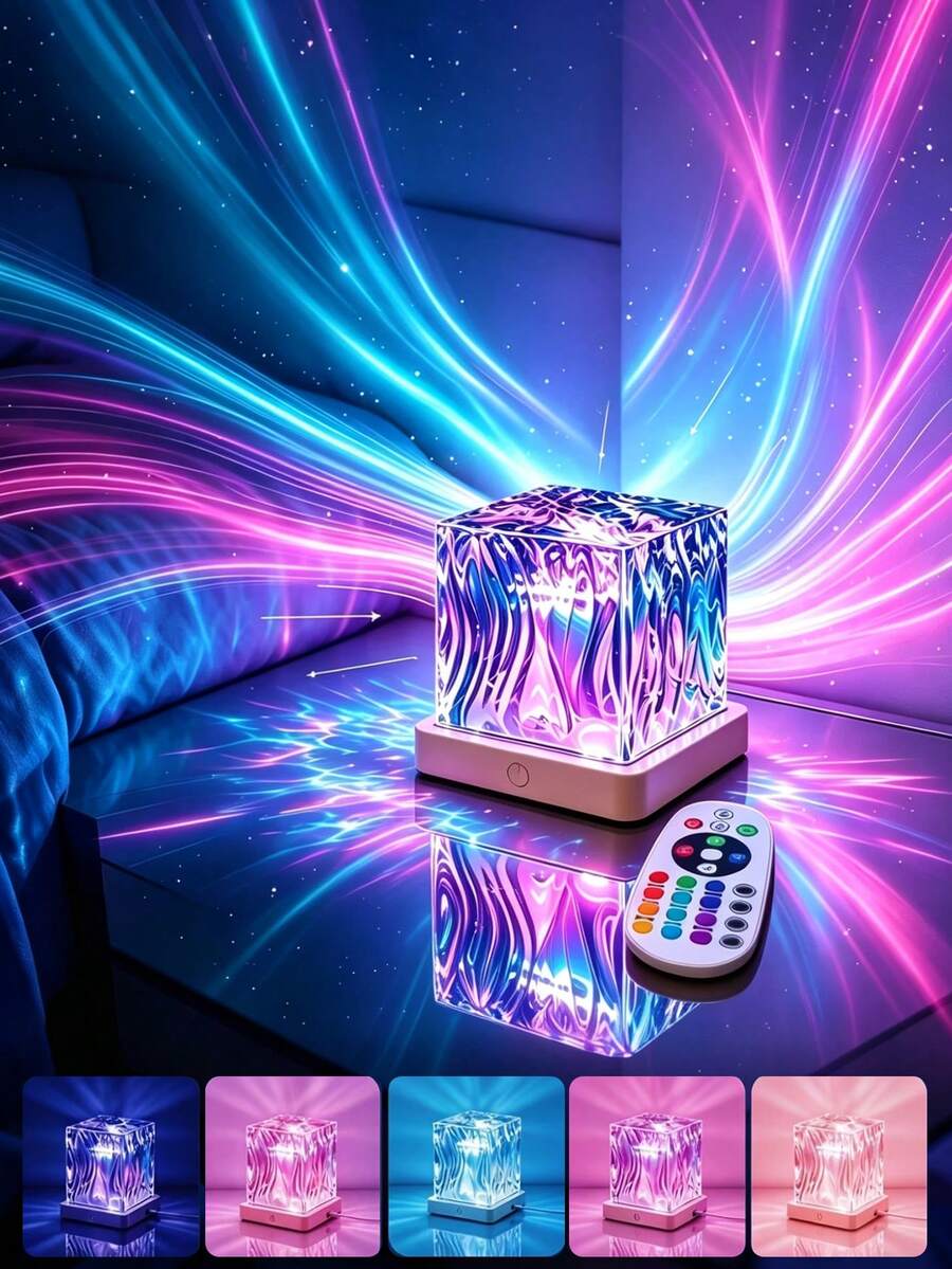 1 PC 16 Color Northern Water Ripple Projection Lamp, Remote Control & Touch Dual Control - USB Plug & Play (Battery Not Included), RGB Dynamic Light Effect, Crystal Cube Night Light, Bedroom Bedside Lamp, Dreamy Projection Light, Suitable For Bedroom, Game Room, Party