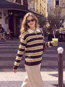 Women's Preppy Striped Sweater Collared Long Sleeve Loose Knit Pullover - Chocolate Brown - View 4
