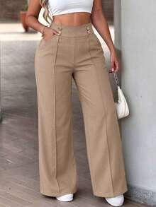 GLAMSKIN Fall Women High Waist Double Button Wide Leg Pants,Front Seam Straight Trousers With Pockets, Casual Office Pants - Khaki - View 1