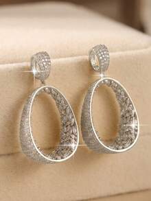 1pair Luxury Silver Tone Hollow Oval Full Paved Cubic Zirconia Dangle Earrings, Sparkling Drop Earrings For Wedding Date Daily Party Bridal Jewelry - White - View 6