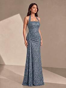 VIPGIRL Teal Blue Evening Dress Halter Neck Square Neck All Over Sequin Glitter Ruched Side Drape Backless Mermaid Floor Length Prom Gala Maxi Dress - Royal Blue - View 5