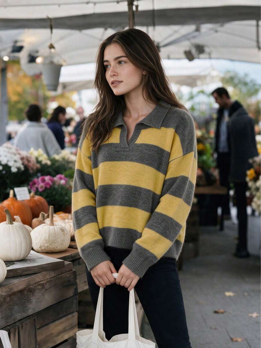 Women's Gray And Yellow Wide Striped Collared Long Sleeve Knit Sweater, Casual Loose Fit Autumn Pullover - Multicolor - View 1