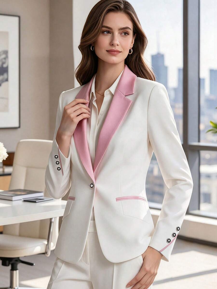 女款休閒拼色翻領長袖單扣西裝外套,春/秋/冬 - 白色 - 查看 1