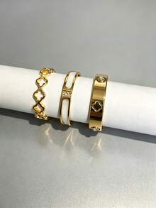 Women's 3-In-1 Stackable Rings, Stainless Steel, Non-Fading, Hollow Four-Leaf Clover Design, Perfect Gift - Multicolor - View 8