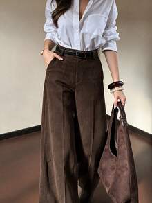 DONICY Fashionable Elegant Women's Beige Linen Blend High Waist Tie Wide Leg Pants, Loose And Comfortable, Suitable For Spring/Summer And Autumn/Winter - Coffee Brown - View 9