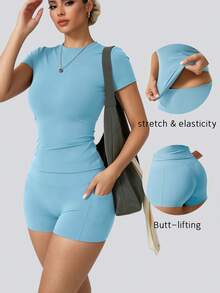Women's Fashion Round Neck Short Sleeve T-Shirt And Side Pocket Sports Shorts Set Summer - Baby Blue - View 1