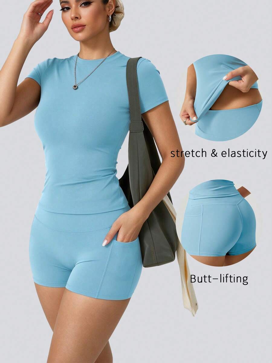Women's Fashion Round Neck Short Sleeve T-Shirt And Side Pocket Sports Shorts Set Summer - Baby Blue - View 1