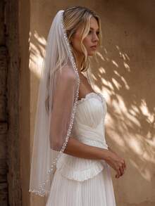 1PC Waist-Length Pearl & Crystal Beaded Bridal Veil With Comb, Lightweight Tulle, Simple Elegant Bridal Veil For Wedding Ceremony - Multicolor - View 2