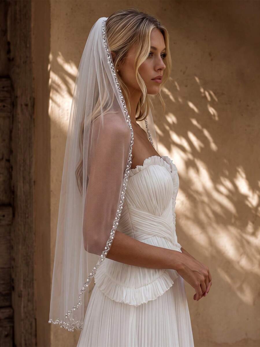 1PC Waist-Length Pearl & Crystal Beaded Bridal Veil With Comb, Lightweight Tulle, Simple Elegant Bridal Veil For Wedding Ceremony
