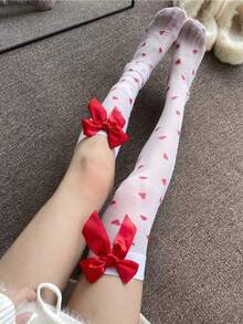 Red Heart Bow Over-The-Knee Socks White Silk Stockings Slimming Thigh-High Long Tube Slouch Socks - Red and White - View 7