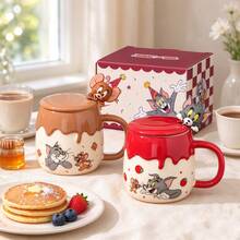 TOM AND JERRY. Cartoon Cat & Mouse Cream Rim Mug 370ml With 3D Lid + Spoon, Anti-Scald Handle, Breakfast Water Cup, Office Coffee & Milk Cup, Gift For Friends - Multicolor - View 10