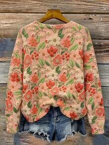 VEXHEIMA Western Style Women's Fashionable, , Floral, Colorful Print, Round-Neck, Long-Sleeve Casual Fall/Winter Sweater - Pink - View 5