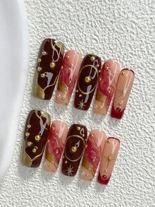 10片裝秋冬低調奢華復古風手工穿戴甲，Polygel美甲套組，鋼珠裝飾，紅色指甲，暗星光風格，3種尺寸可選，杏仁形、鴨嘴形、棺材形，適合派對、跳舞、日常配戴（手工細節可能有所不同） - 彩色 - 查看 4