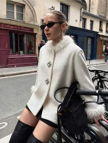 Vuslat Women's Autumn Luxury Style Fur Collar Rhinestone Button Short Overcoat, Suitable For Commuting, Dating, Back To School, Shopping, Party - White - View 8