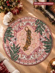1pc Washable Vintage Tiger Persian Pattern Round Velvet Rug, Pink Tone Pattern, Tiger And Tropical Leaf Design, Vintage And Artistic. Round Shape Suitable For Living Room, Bedroom, Children's Room, Adding Personalized Atmosphere To The Space. - Multicolor - View 3