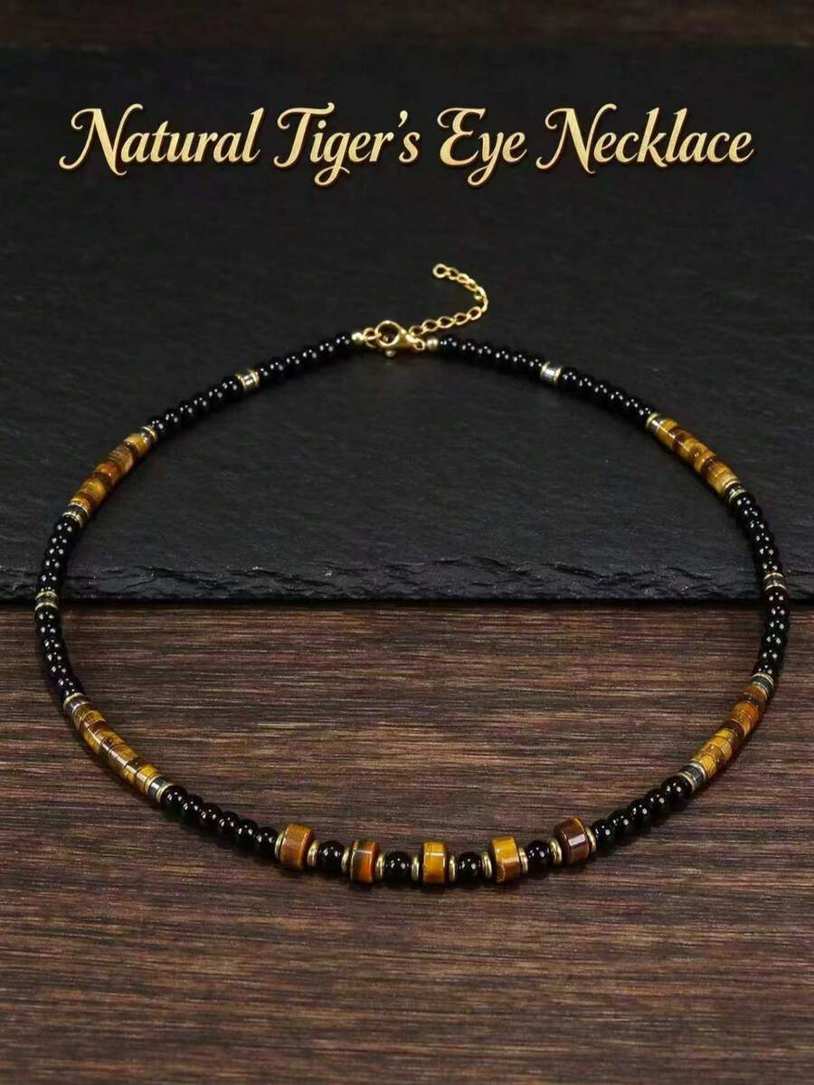 1pc Men's Natural Tiger Eye Stone Necklace, Decorated With Beads And Black Agate, Symbolizing Courage, Versatile Necklace For Men, Perfect Gift - Black - View 1