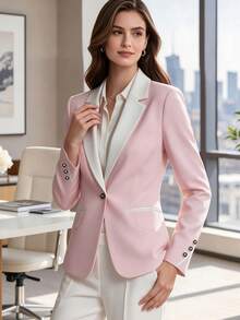Women's Casual Colorblock Lapel Long Sleeve Single Button Blazer, Spring/Autumn/Winter - Pink - View 1