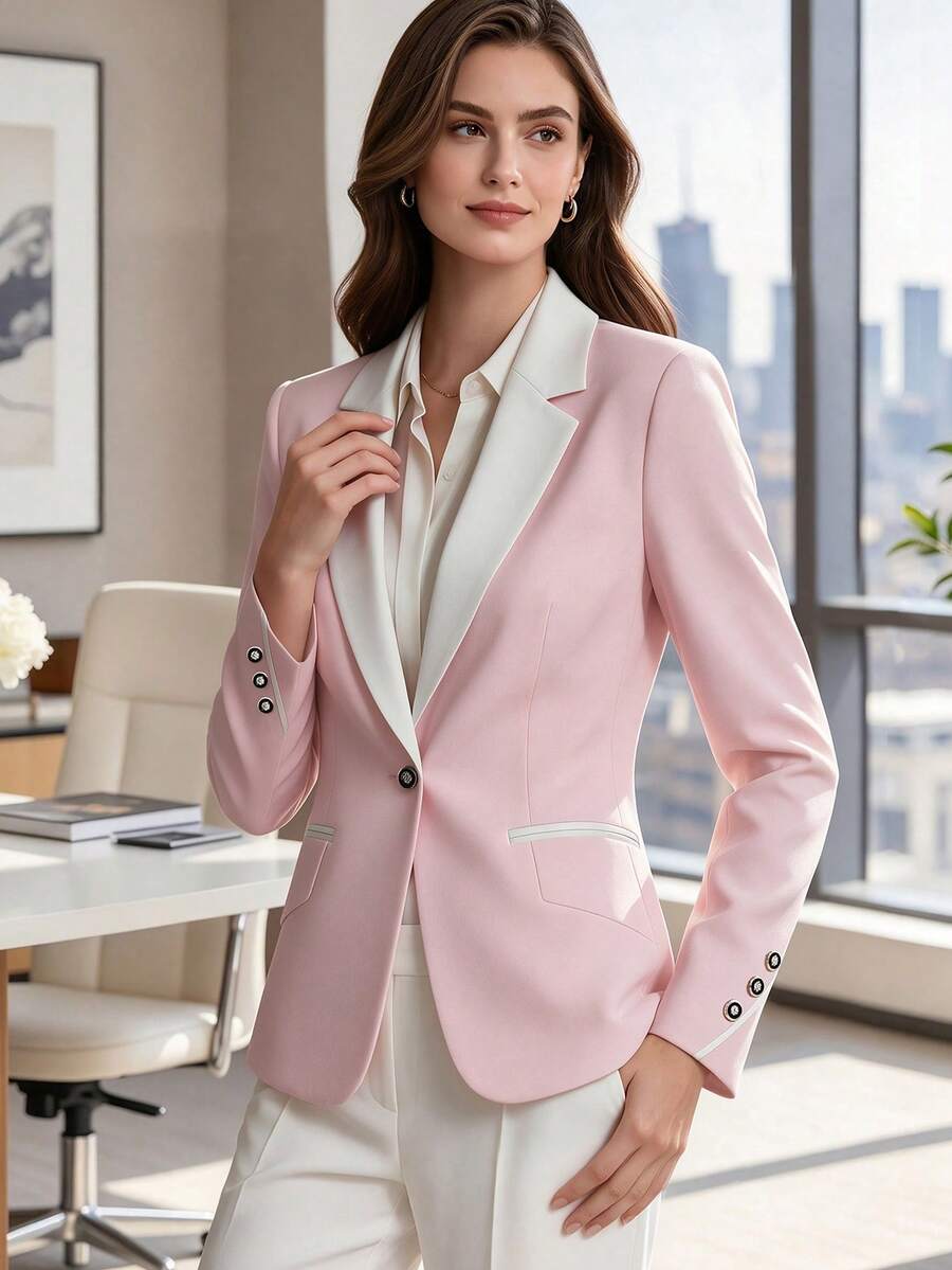 Women's Casual Colorblock Lapel Long Sleeve Single Button Blazer, Spring/Autumn/Winter - Pink - View 1