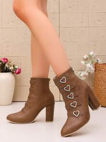 Sweet Cool Fashion Heart Rhinestone Ankle Boots Women Pointed Toe Chunky High Heel Lace-Up Back Zipper Boots, Suitable For Daily Fashion Outfits, Dating - Brown - View 3