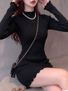 Autumn/Winter New Soft Pleated Frill Trim Bodycon Dress Long Sleeve Knit Dress - Black - View 4