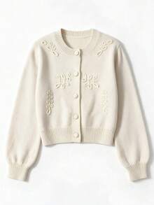 Women's Round Neck 3D Bow Embroidery Short Knit Cardigan, Long Puff Sleeve Front Button Sweater - Beige - View 8