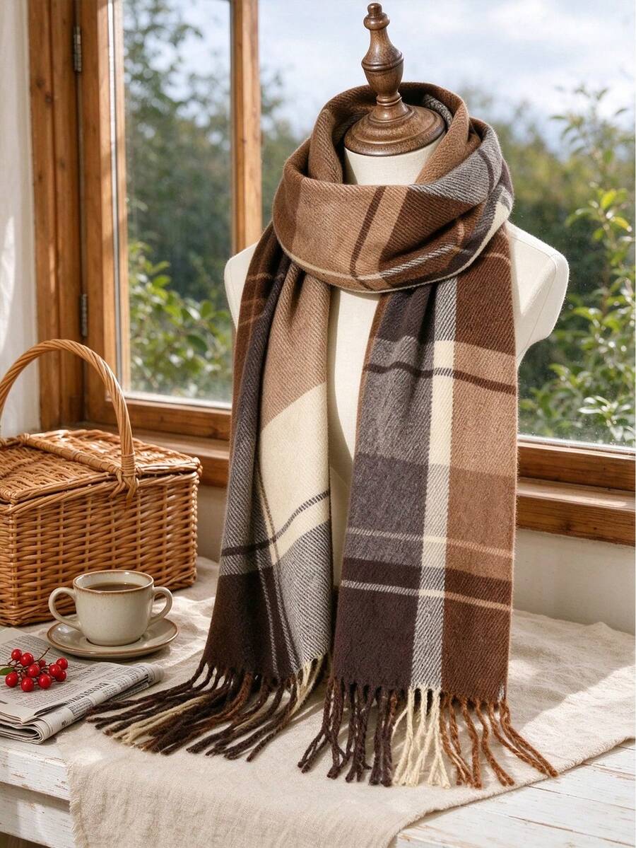 1pc Women's Vintage Plaid Tassel Scarf, Thick Soft Warm Shawl For Cold Autumn/Winter Daily Wear - Khaki - View 1