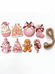 8pcs/Set Pink Christmas Theme Wooden Hanging Ornaments, Multi-Pattern Holiday Design Christmas Tree Decorations, Including Santa Claus, Snowman, Gingerbread Man, Candy Cane, Christmas Tree Shapes, Suitable For Christmas Tree, Home, Garden, Party - Pink Christmas Theme Ornament - View 6