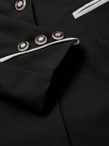Women's Casual Colorblock Lapel Long Sleeve Single Button Blazer, Spring/Autumn/Winter - Black - View 6