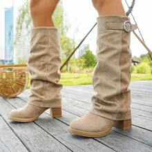 Maillard Western Cowboy Boots Women Suede Ruched Tall Boots Chunky Heel Slimming Knee-High Riding Boots - Khaki - View 5