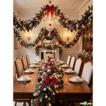 Extra-long artificial Norfolk pine garland for Christmas, featuring dense and realistic foliage adorned with artificial pine cones and red berries. Ideal for Christmas staircase handrails, entrance hall walkways, window frame edges, fireplace mantels - Multicolor - Ver 5