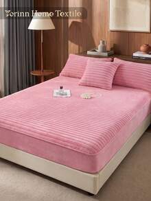 1pc Crystal Velvet Fitted Sheet, Pink Mattress Protector, Bed Cover, Comfortable Home Textile, Bedding, Deep Pocket, Home & Room Decor, Breathable, Soft & Comfortable, Autumn Decor, Winter Decor, Suitable For Twin/Full/Queen/King Size Bed, Machine Washable - Pink - View 1
