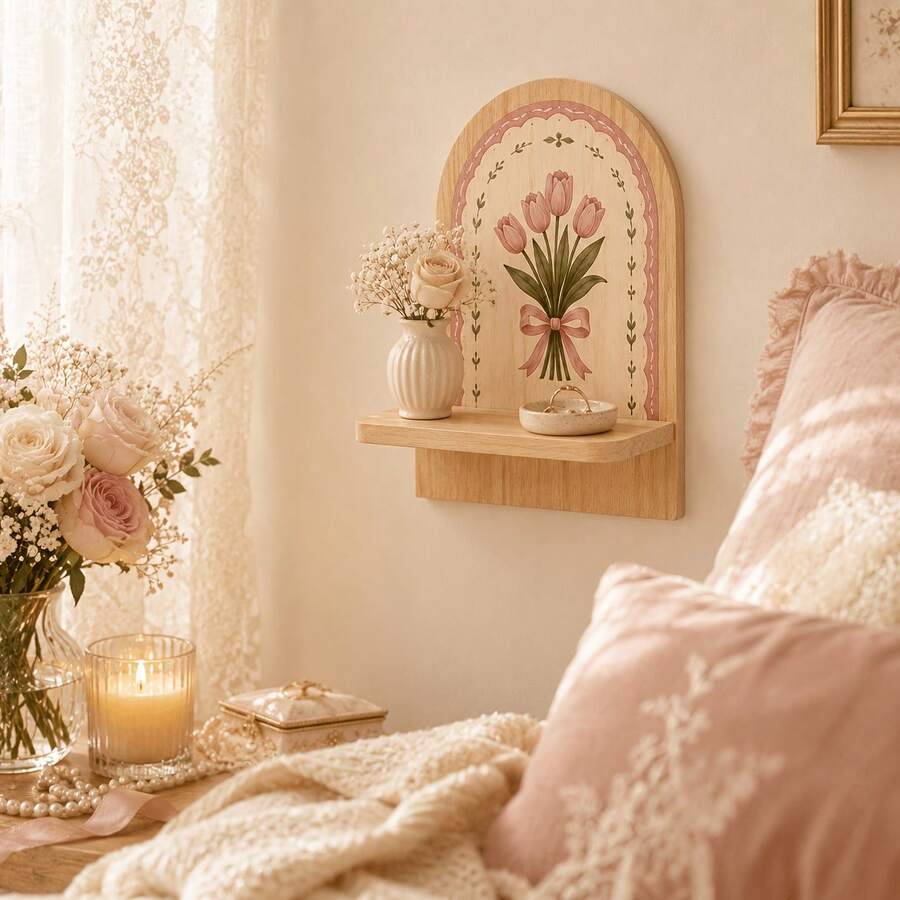 Tulip Floral Wooden Arch-Shaped Floating Shelf, Romantic Wall-Mounted Display Rack, Decorative Storage Shelf, Suitable For Candles, Perfume, Jewelry, Plants, Bedroom, Living Room Decor - Apricot - View 1