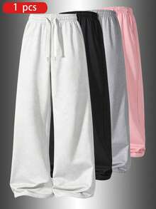 Women's Casual Knitted Wide Leg Sweatpants, Long Loose Straight Leg Elastic Waist Drawstring Pockets, Soft Daily Home Pants, Sweatpants, Spring/Autumn - Light Grey - View 2