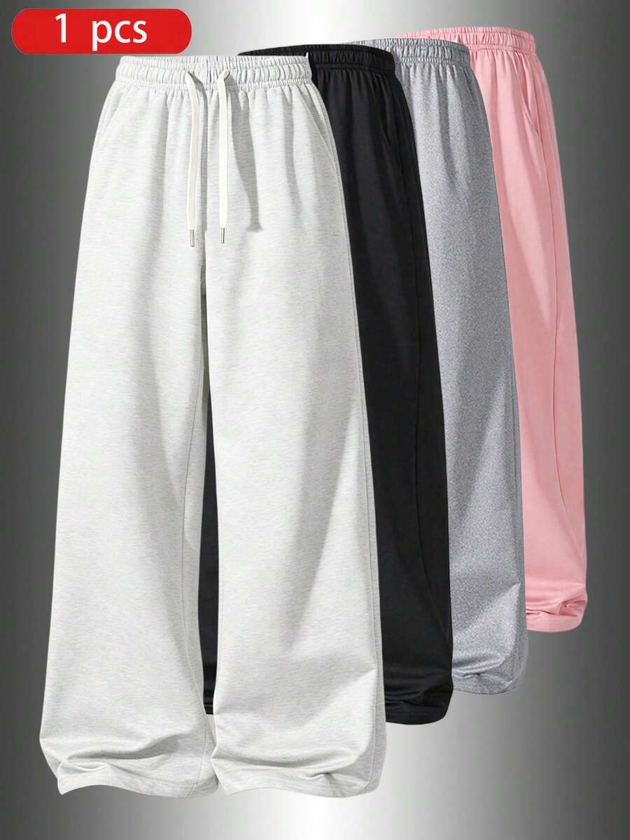 Women's Casual Knitted Wide Leg Sweatpants, Long Loose Straight Leg Elastic Waist Drawstring Pockets, Soft Daily Home Pants, Sweatpants, Spring/Autumn
