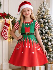 Girls' Elegant Vintage Round Neck 3D Cavalry Print Dress, Christmas - Multicolor - View 2