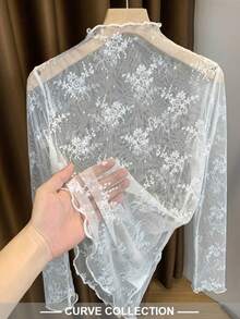 Áo lót mặc trong phối lớp ren cổ nửa cao cho nữ size lớn, phong cách mới Xuân/Hè/Thu 2026, lớp nền lưới xuyên thấu tay dài vải tulle mỏng - trắng - Xem 4