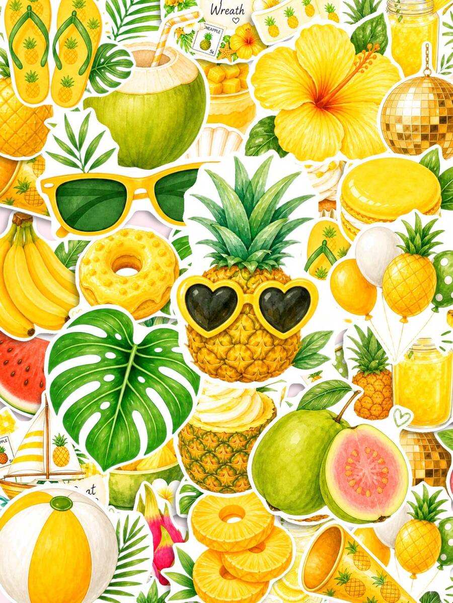 50Pcs Midsummer Flower & Fruit Note Stickers, Fresh Watercolor Tropical ...