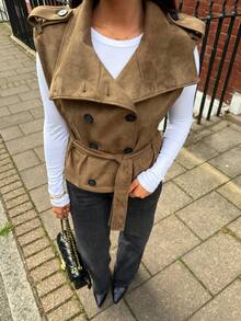 Women's Fashion Stand Collar Double-Breasted Tie Sleeveless Vest, Vintage Shoulder Patch Short Vest, Suitable For Autumn - Brown - View 4