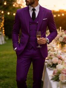 Men's 3 Pieces Suit Set, Solid Color Double-Breasted Vest + Blazer + Trousers, Formal Wedding Party Tuxedo - Purple - View 5
