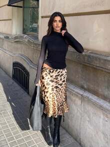 American Vintage Leopard Print High Waist Slimming Drape Mermaid Skirt, Elegant Commute Party Outfit - Brown - View 2