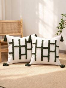 1pc Bohemian Geometric Tufted Pillow Case, White & Deep Green Plaid With Tassels, Square Cushion Cover For Sofa, Living Room, Home Decor, Pillow Insert Not Included - Multicolor - View 6