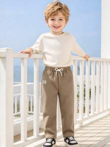 Boys' Patchwork Letter Label Drawstring Waist Corduroy Pants, Suitable For Autumn/Winter Wear - Khaki - View 4