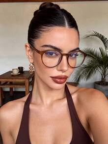 1 Pair Women's Round Brown Personalized Versatile Non-Prescription Glasses, Suitable For Office, Watching TV, Playing Games, Phone Decoration - Chaping - View 4