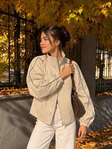Fashionable Stand Collar Side Stripe Jacket, Casual Loose Long Sleeve Zip-Up Coat, Suitable For Daily Wear - Beige - View 3