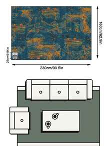 1PC Deep Blue & Orange Yellow Abstract Geometric Textured Pattern Living Room Rug, Modern Art Vintage Wabi-Sabi Distressed Faux Cashmere Rectangular Machine Washable Area Rug, Suitable For Daily Home/Living Room Bedroom Bathroom Vanity/All Season Large Size Floor Mat, Aesthetic Home Decor - Multicolor - View 13