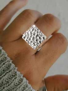 1Pc Gold/Silver/Rose Gold Women Ring Retro Hammered Square Wide Band Ring Punk Daily Party Jewelry No Box. - Ring - View 7