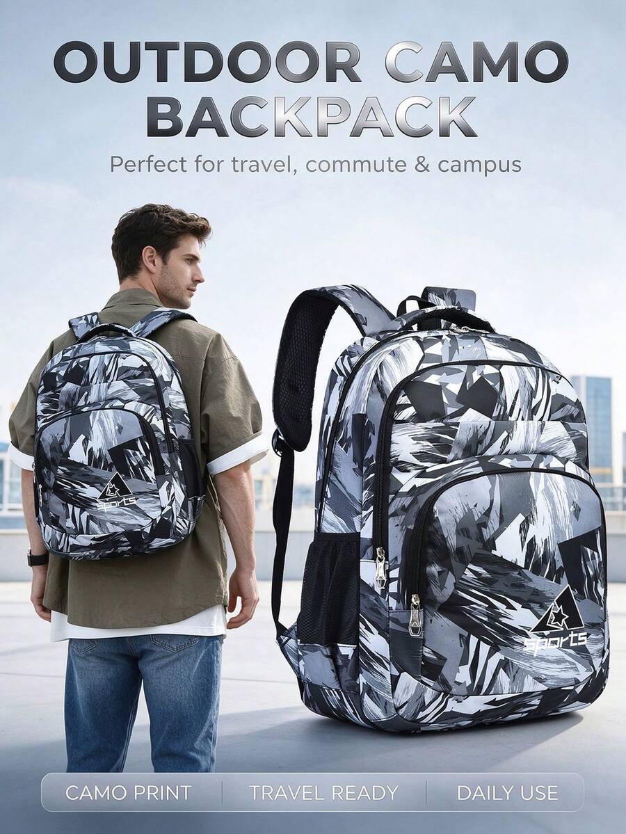 Unisex Fashion Camouflage Backpack, Student School Bag, Multi-Compartment Travel Storage, Suitable For Commuting, Campus, Camping - Upgraded Version - View 1