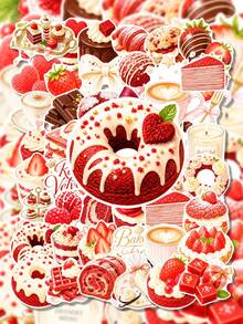 50Pcs Sweetheart Stickers, Retro Dessert Style, Including Cakes, Cupcakes, Mille Crepe Cakes, Coffee, Cream Cups, Bows, Heart Candy Decor Elements, For Journal Collage, Tablet, Notebook, Storage Box, DIY Craft Decoration - Multicolor - View 3