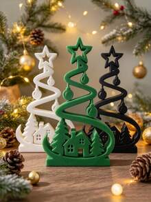 1pc Spiral Christmas Tree Desktop Decoration, Hollow Star Top Christmas Tree Ornament With House And Pine Tree Pattern, Tabletop Decor, Christmas Home Desktop Frame Decoration, Holiday Party Centerpiece Gift, Winter Holiday Decoration Gift - House Pine Tree Ornament - View 5